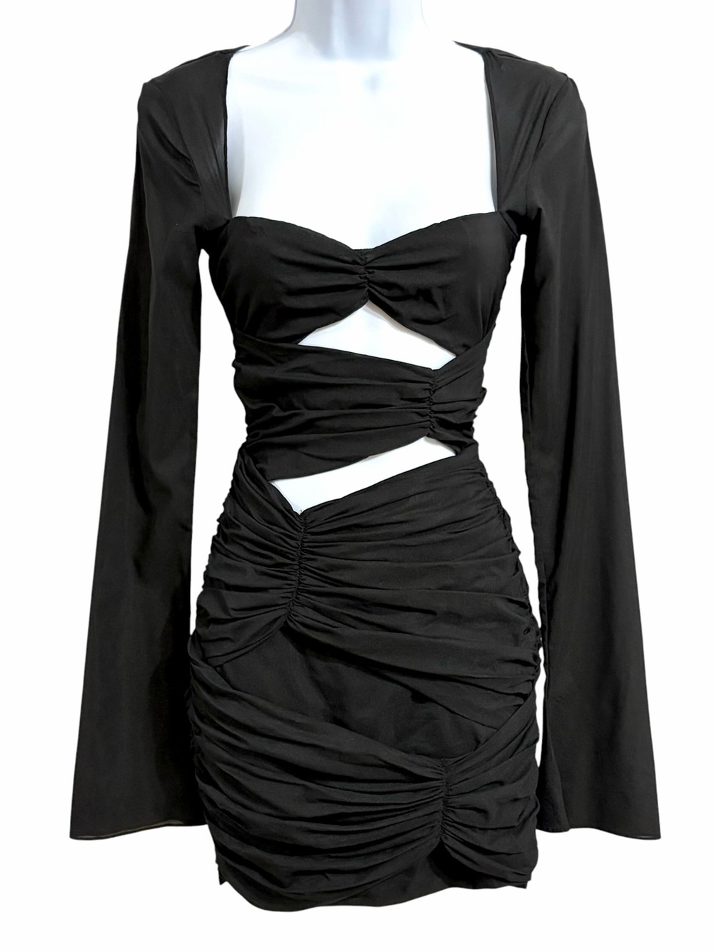 House of CB Camille Silk Blend Cutout Bodycon Mini Dress Womens XS Black Ruched